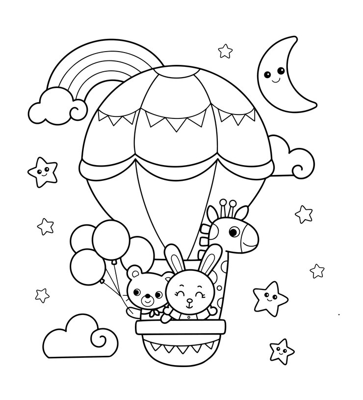 Vector kleurplaat paginaoverzicht van cartoon heteluchtballon met dier