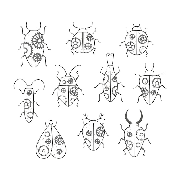 Kleurplaat paginaoverzicht van cartoon steampunk insecten Vector illustraties voor kleurboek voor volwassenen