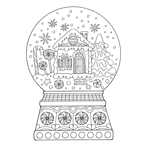 Kleurplaat sneeuwbol dunne lijntekeningen Een kerstcadeau Winter decor Hand getrokken vectorillustratie Geïsoleerde eenvoudige doodle element Kleurboek voor kinderen en volwassenen