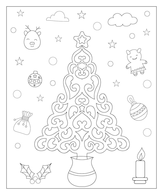 Kleurplaat van een versierde kerstboom met geschenken Zwart-wit vectorillustratie