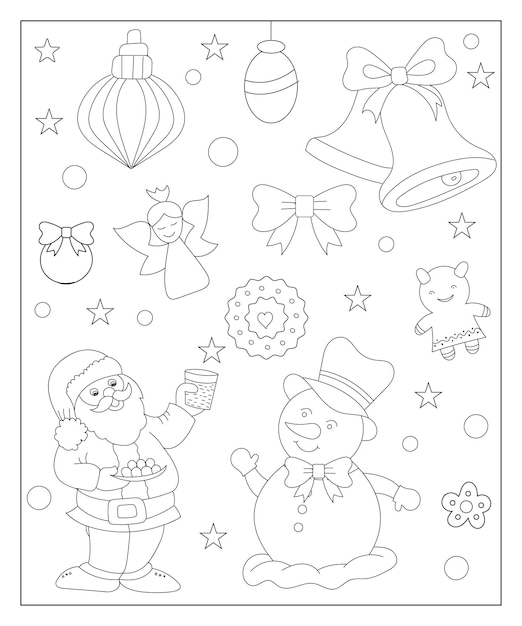 Kleurplaat van een versierde kerstboom met geschenken Zwart-wit vectorillustratie