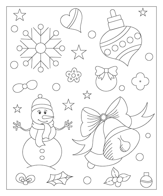 Kleurplaat van een versierde kerstboom, Shanta Claus, bal, bel, sneeuwpop en cadeautjes