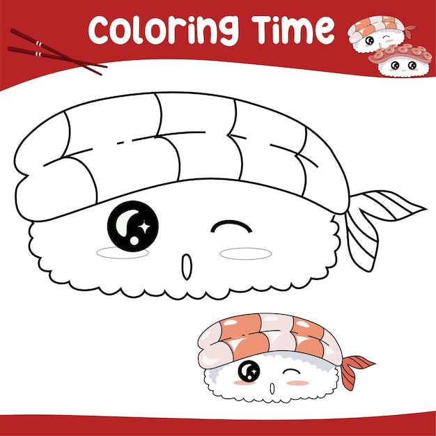 Kleurplaat voor kinderen. educatief afdrukbaar kleurwerkblad. kawaii schattige sushi. vector-bestand