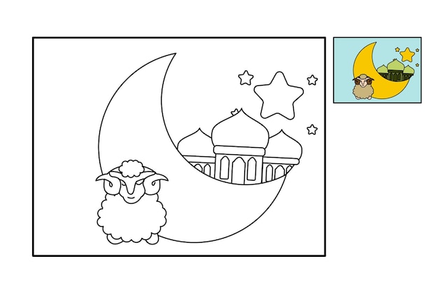 Kleurplaat voor kinderen idul adha concept Kunstboek van geitenschaap tijdens eid mubarak festival