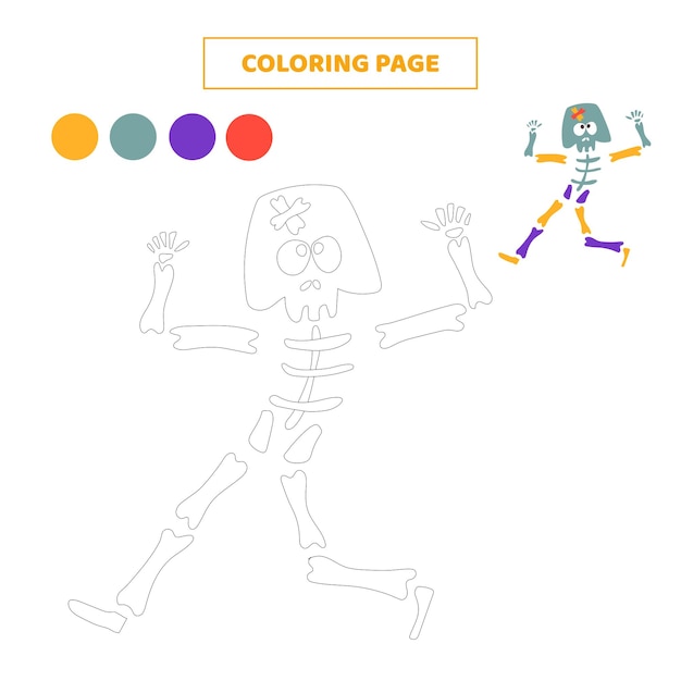 Kleurplaat voor kinderen met schattig skelet