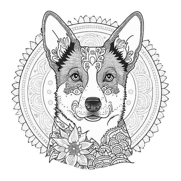 Kleurplaat voor volwassenen mandala hond illustratie