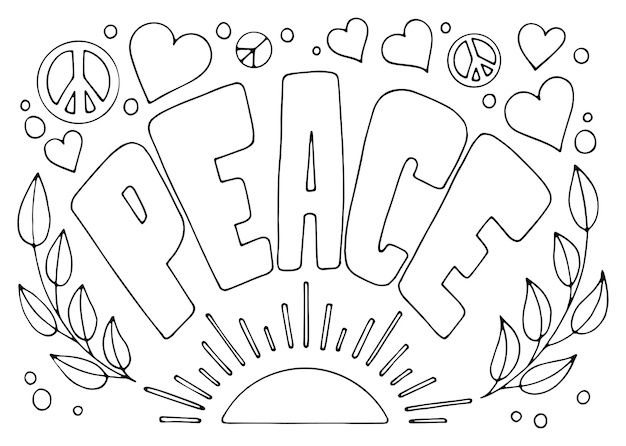 Kleurplaat vrede Lauriertak zonsopgang Hand getrokken lijn kunst illustratie Pacifist teken