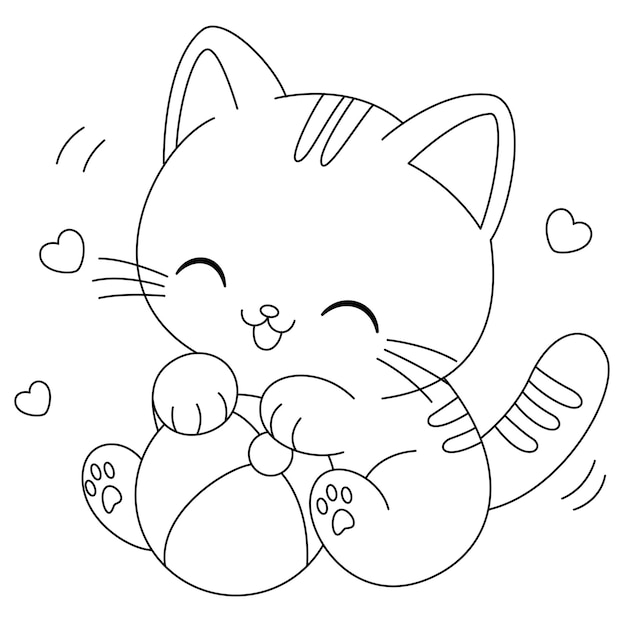 Kleurplaten van schattige katten die met een bal spelen Grafische elementen voor kinderen Cartoon met de hand getekende stijl