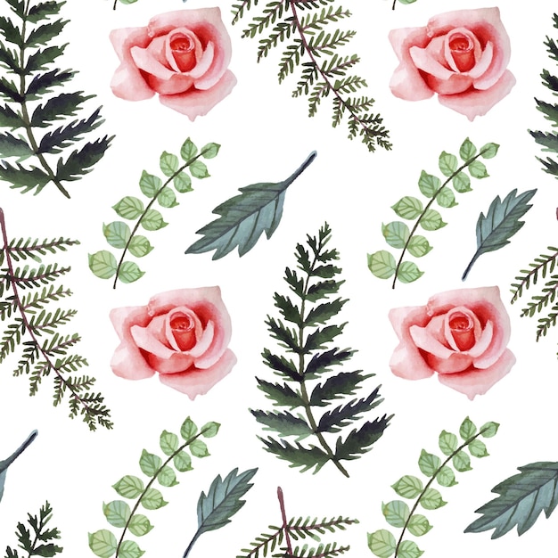 Kleurrijk aquarel Naadloos patroon met mooie varenbladeren en rozen Zomerachtergrond