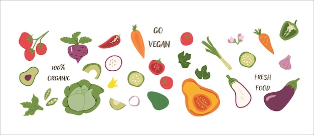 Kleurrijk assortiment biologische groenten met veganistische en verse voedingslabels