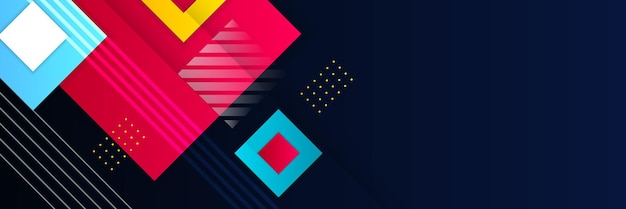 Kleurrijk blauw rood en geel glanzend vierkanten abstract tech bannerontwerp. Geometrische vector achtergrond. Banner webdesign sjabloon dynamisch patroon diagonale strepen lijnelementen op blauwe achtergrond