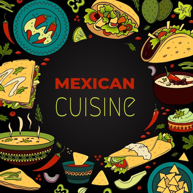 Kleurrijk Decoratief frame met Latijns-Amerikaans eten Set van Mexicaanse keuken
