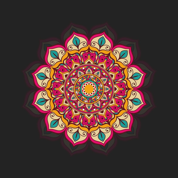 Kleurrijk en bloemmotief vector mandala ontwerp op zwarte achtergrond.