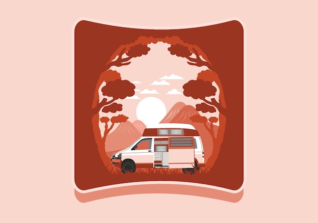 Kleurrijk illustratiebadge van camper in de natuur