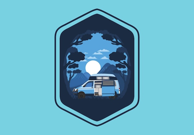 Kleurrijk illustratiebadge van camper in de natuur