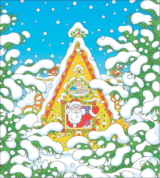 Kleurrijk ingericht blokhut van de Kerstman tussen besneeuwde sparren in een winterbos