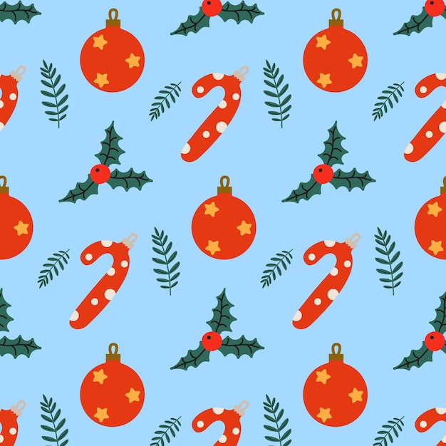 Kleurrijk kerstpatroon met sieraden, snoepstokken en hollybladeren op een blauwe achtergrond
