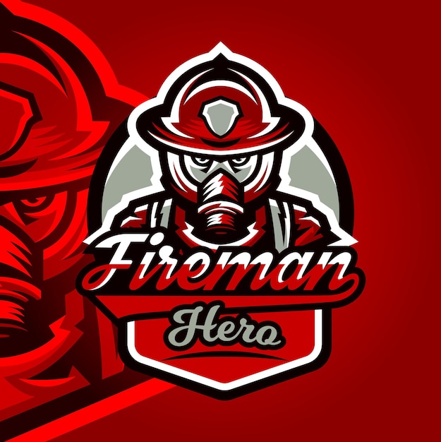 Kleurrijk logo embleem een sticker een brandweerman in uniform beroep gevaarlijk werk een gasmasker en helm Vectorillustratie