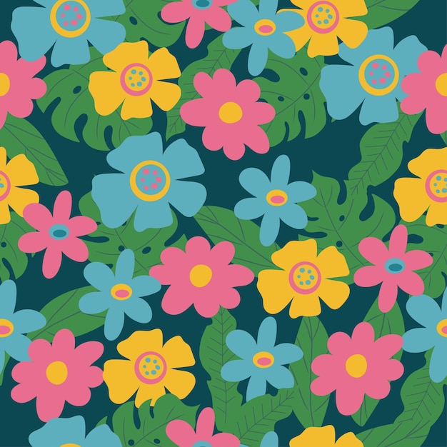 Kleurrijk naadloos patroon met fantastische bloemen en exotische bladeren op donkerblauwe achtergrond