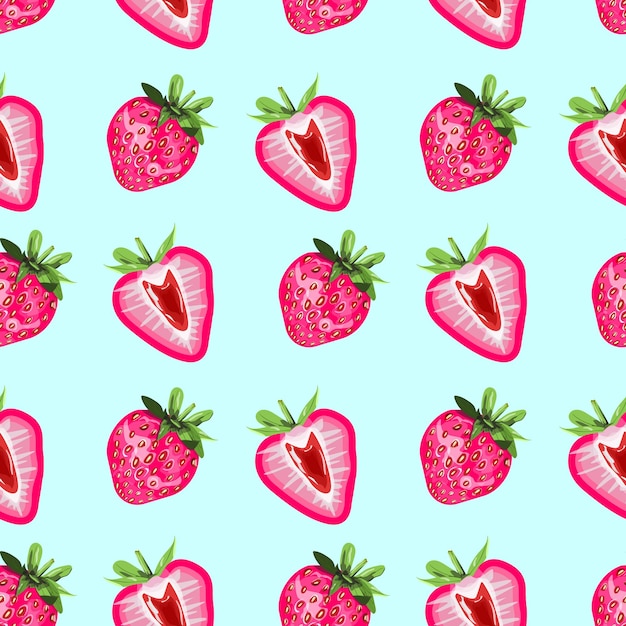 Kleurrijk naadloos patroon met roze aardbeien op lichtblauwe achtergrond