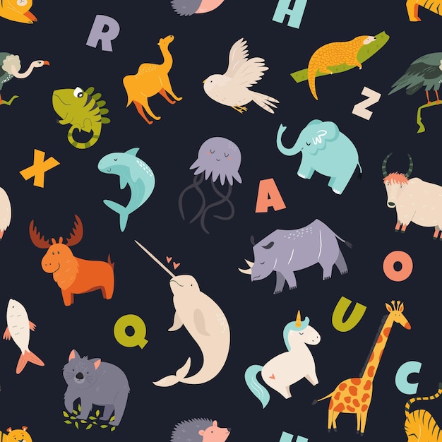 Kleurrijk naadloos patroon met wilde schattige grappige dieren en Engelse letters. vector illustratie
