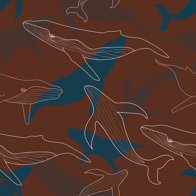 Kleurrijk naadloos patroon van blauwe vinvissen op donkerrode achtergrond Kinderdoeken achtergrondpatroonontwerpstof