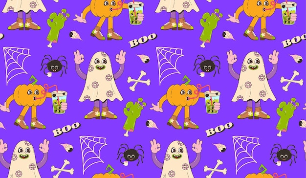 Kleurrijk naadloos patroon voor Halloween Vectorachtergrond met pompoen en spookkarakters