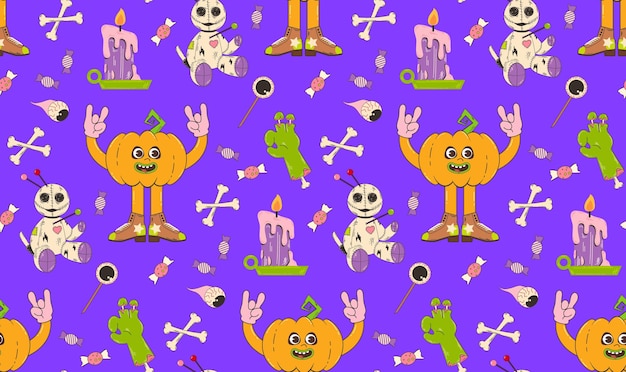 Kleurrijk naadloos patroon voor Halloween Vectorachtergrond met pompoen en voodoo-popkarakters