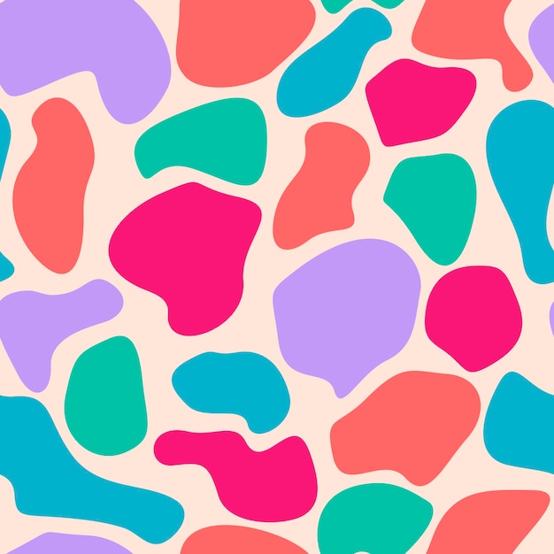Kleurrijk rommelig abstract naadloos patroon met ongelijke ronde vlekken, vlekken, geometrische vormen op roze