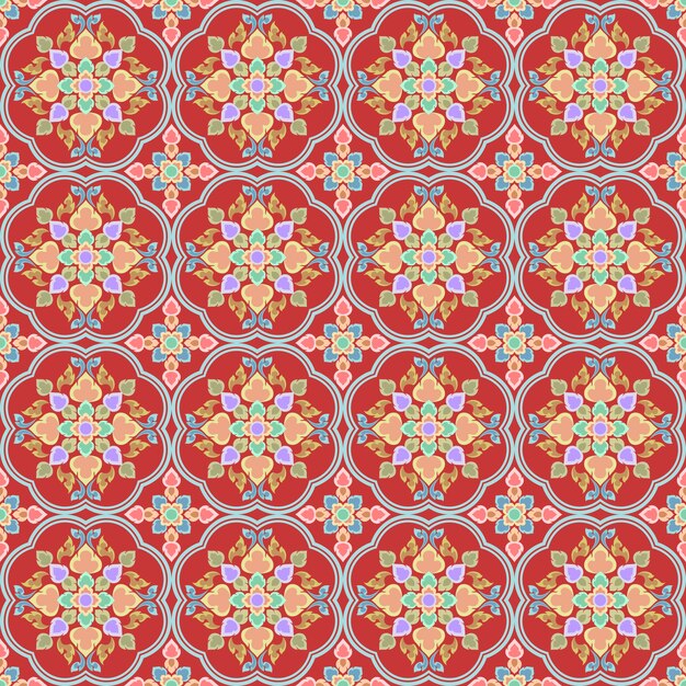 Kleurrijk Thais kunst naadloos patroon in rood toonbehang.