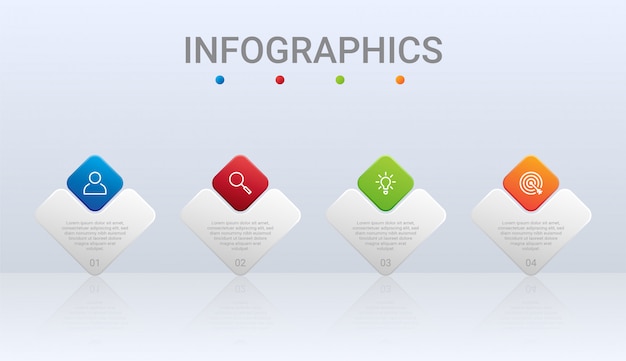 Kleurrijk tijdlijn infographic sjabloon met 4 stappen op grijze achtergrond, illustratie