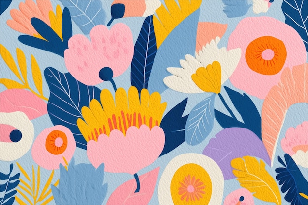 Kleurrijk vectorbloempatroon met roze gele room en blauwe bloemen en bladeren