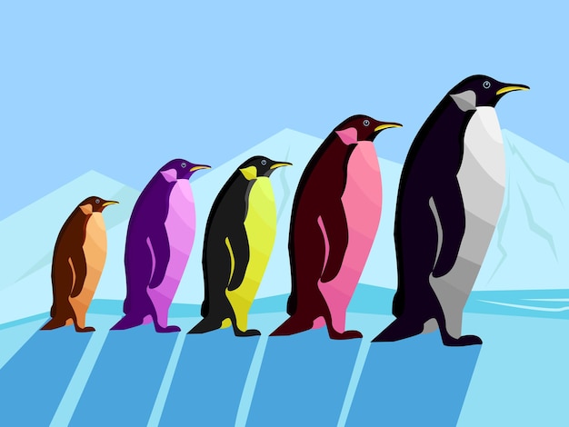 Vector kleurrijk vijf pinguïn popart portret