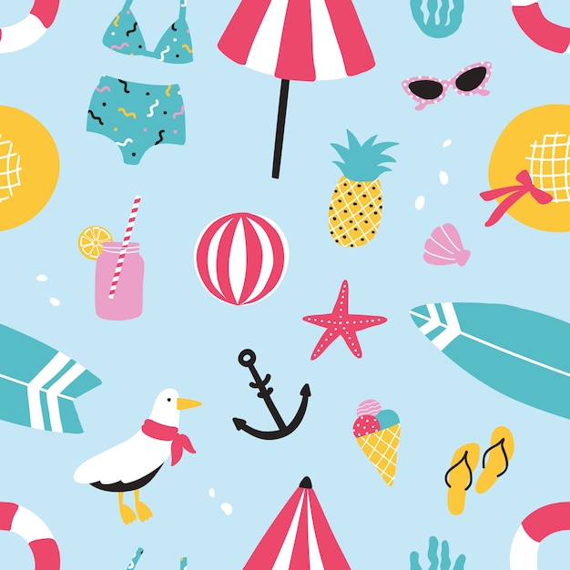 Kleurrijk zomer naadloos patroon met hand getrokken elementenananas, roomijs, zeemeeuw, surfplank, bal, zwemkleding, hoed, parasol, zonnebril, reddingsboei, zeester, drank, wipschakelaars, anker.