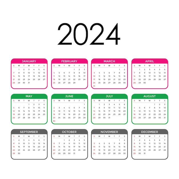 Vector kleurrijke 2024 kalender ontwerp sjabloon