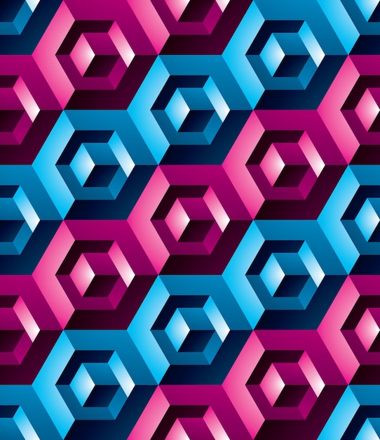 Kleurrijke abstracte geometrische naadloze structuurpatroon. Vector heldere textielachtergrond met driedimensionale kubussen en vierkanten. Grafische hedendaagse futuristische bekleding.