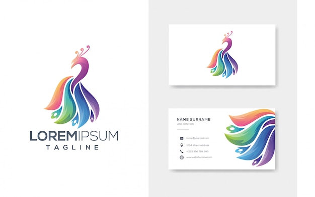 Kleurrijke abstracte peacock logo vector met visitekaartje