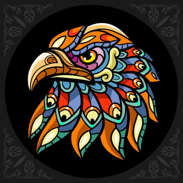 Kleurrijke adelaar hoofd zentangle kunst geïsoleerd op zwarte achtergrond