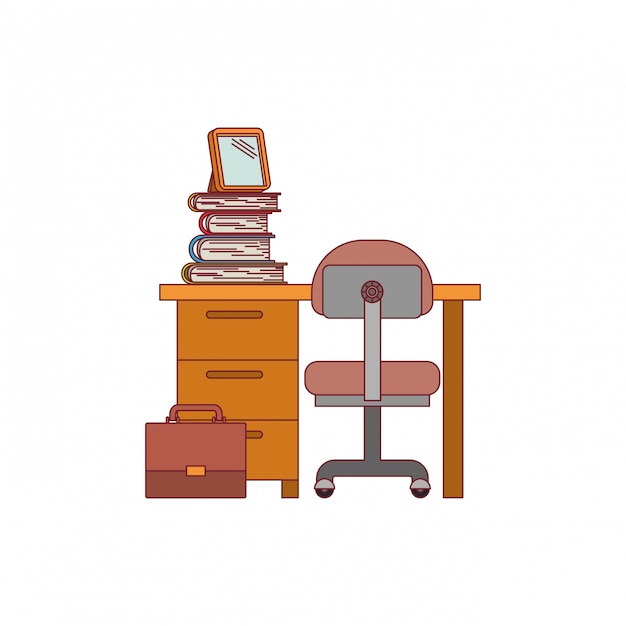 Kleurrijke afbeelding van Bureau thuis met stoel en boeken met donker rode lijn contour