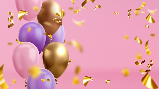 Kleurrijke ballonnen en gouden confetti. glanzende realistische ballonnen op roze achtergrond voor wenskaart voor vakantieviering