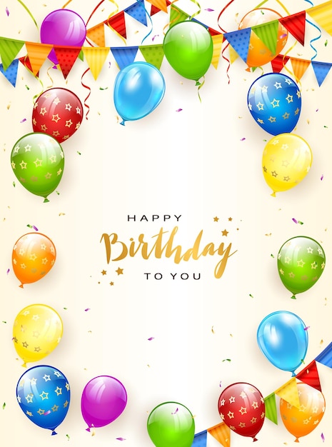 Kleurrijke ballonnen geïsoleerd op een witte achtergrond met gouden belettering Happy Birthday vakantie wimpels slingers en confetti illustratie kan worden gebruikt voor vakantie ontwerp poster kaart website banners