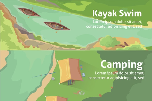 Kleurrijke banner voor uw bedrijf, websites enz. beste kamperen, kajakken. geïsoleerde illustratie.