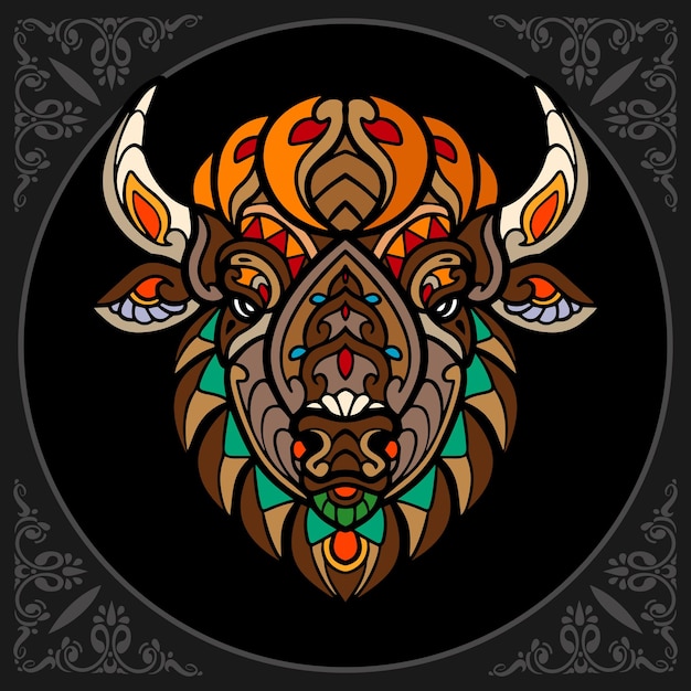 Kleurrijke bizon zentangle kunsten geïsoleerd op zwarte achtergrond