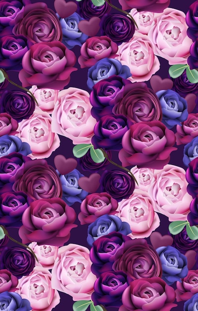 Kleurrijke blauwe en violette rozen patroon vector. verticale achtergrond trendy ontwerpen