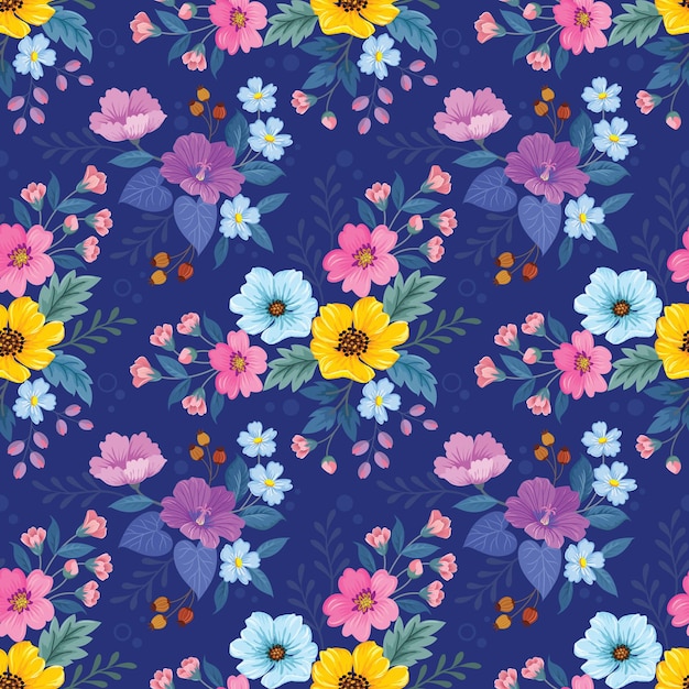 Kleurrijke bloeiende bloemen op donkerblauwe kleur achtergrond naadloos patroon voor stoffen textiel behang