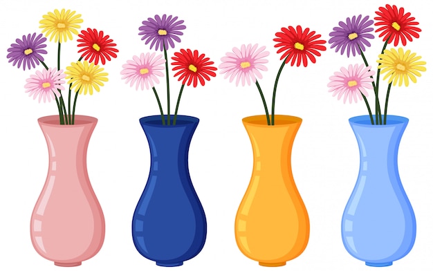Vector kleurrijke bloemen in vier vazen op een witte achtergrond