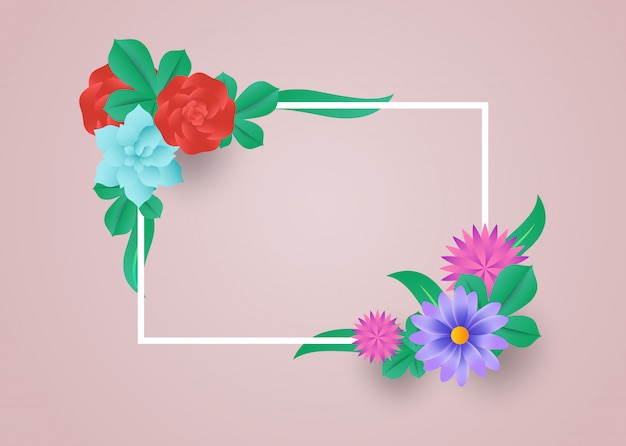 Kleurrijke bloemen met frame papier gesneden stijl