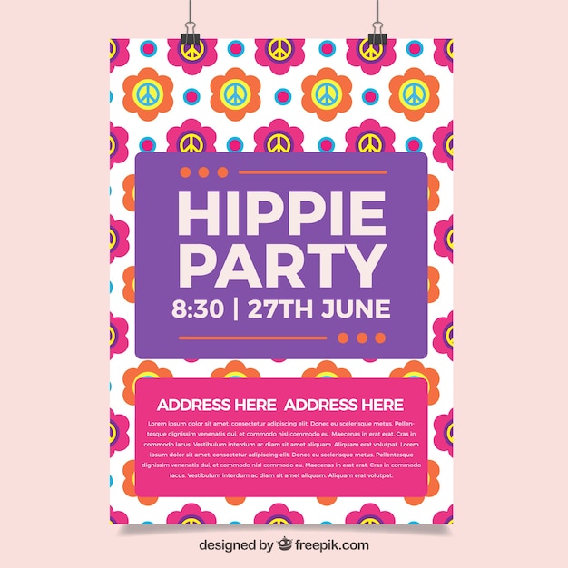 Kleurrijke bloemen met hippy symbool veer partij poster