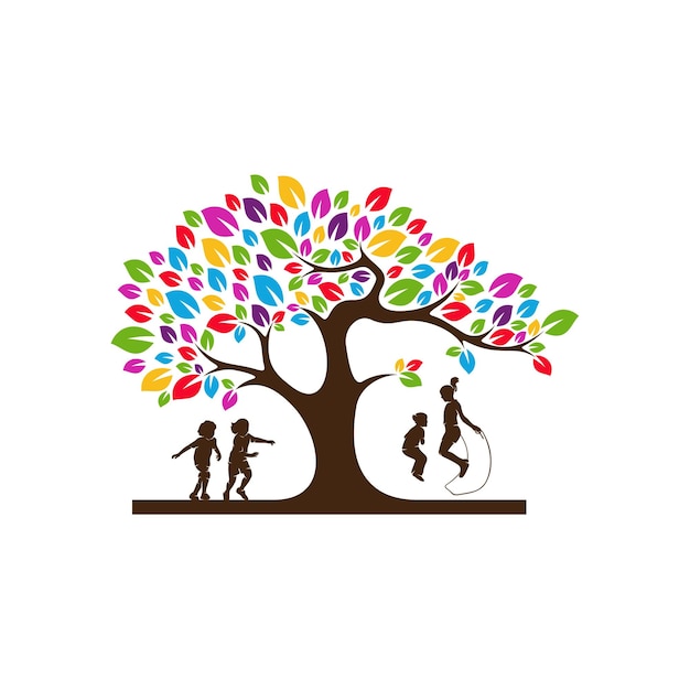 Kleurrijke boom kinderen speels logo vector sjabloon illustratie symbool creatief ontwerp