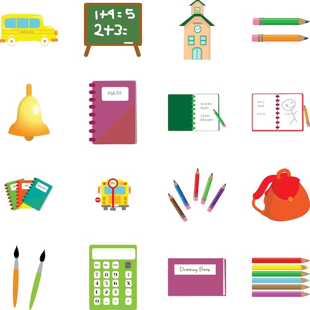Kleurrijke briefpapier iconen set van verschillende kantoorbenodigdheden in vlakke stijl geïsoleerde vector illustration